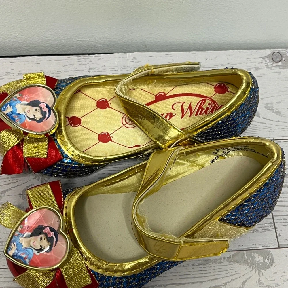 Disney Snow White Girls Blue Glitter Mary Jane Flats Gold Bow Shoes Size 7/8